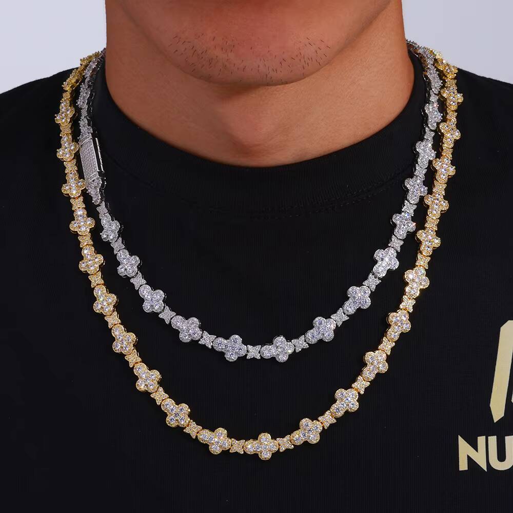 NUOYA Gold Plated Full Pave Zircon Choker Necklace Iced Out Diamond Cross Link Chain Flower Design Shiny Hip Hop Jewelry