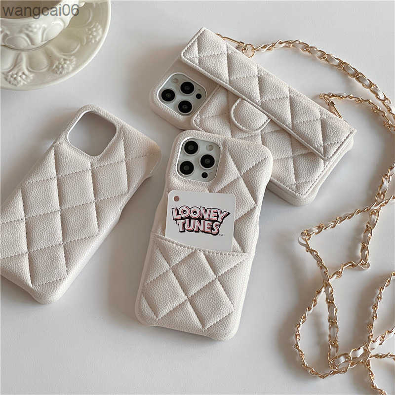 Chanel Style Quilted Case for 16 Pro 17 Phone Case iPhone 15 Card Slot Leather Lanyard Hard Case L250905