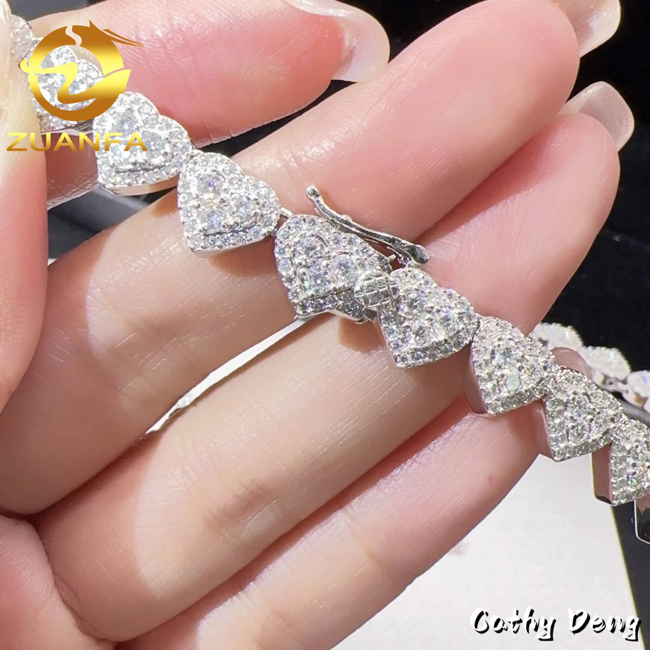 Hot Sale 925 Sterling Silver 8mm Moissanite Heart Design Women Men Fashion Hip Hop Iced Out Cuban Link Chain Bracelet Set