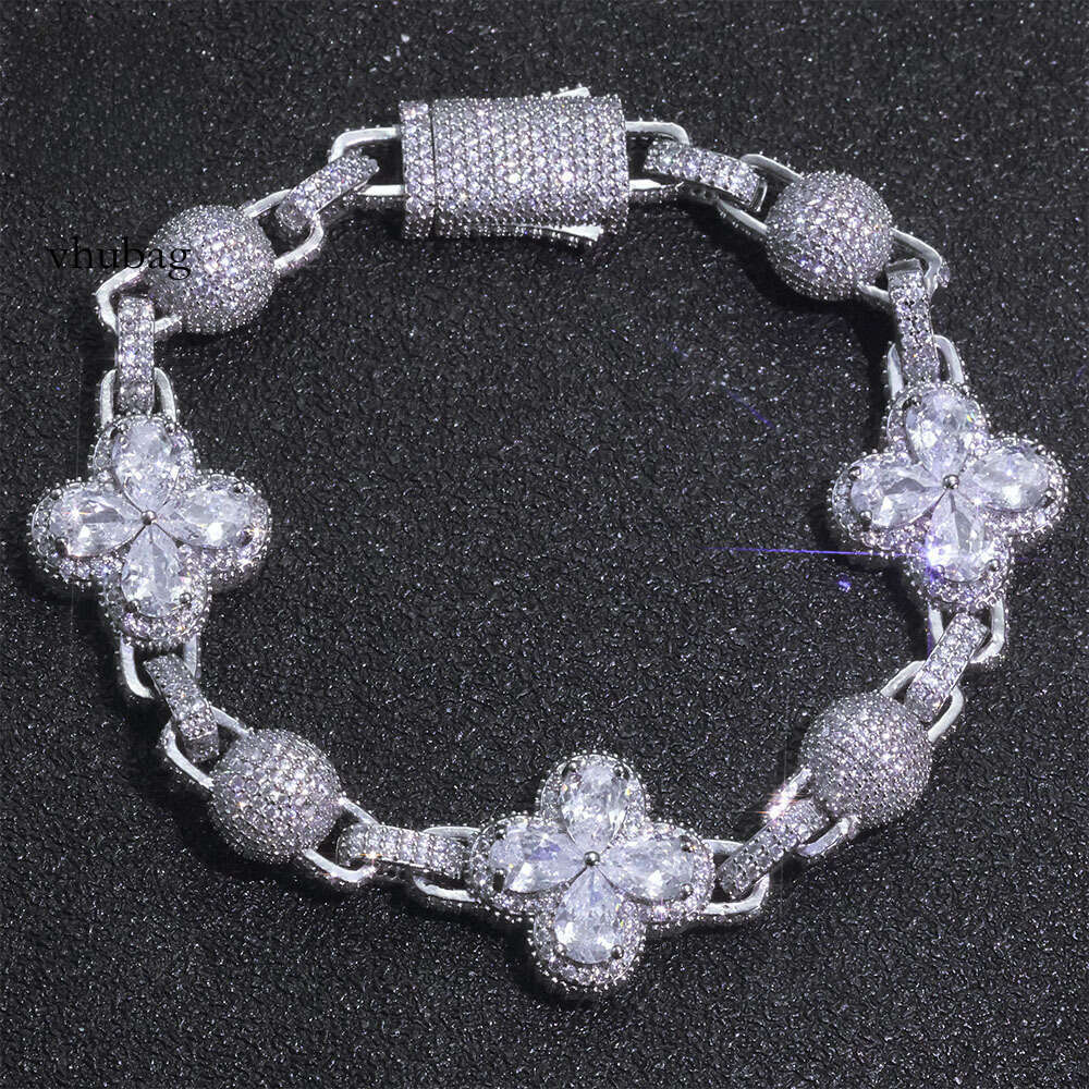 NUOYA Iced Out Four Leaf Clover Spherical Cuban Link Chain Bracelet Gold Sier Plated Dia Zircon Hip Hop Jewelry
