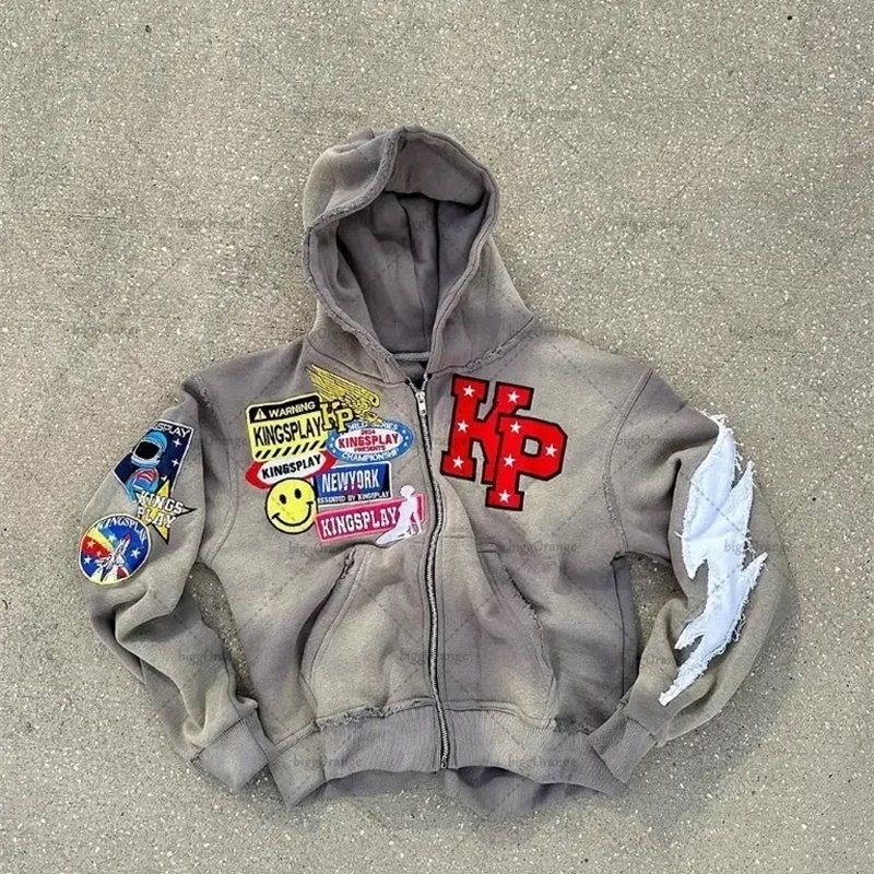 Y2k Fashion Retro Punk Trendy Zipper Hoodie Mens American Street Harajuku Hip hop Letter ed Oversized Sweatshirt 250904