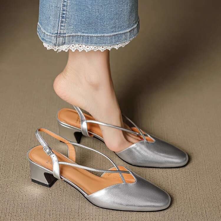 5cm Thick Genuine Leather Cross Strap Closed-Toe Sandals for Women Summer Elegant Backless Silver High Heel Mary Jane Shoes