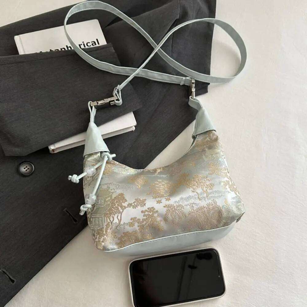 Embroidery Shoulder Nylon Texture Small Armpit Bag Pearl Pendant Bucket Handbag Women Girl