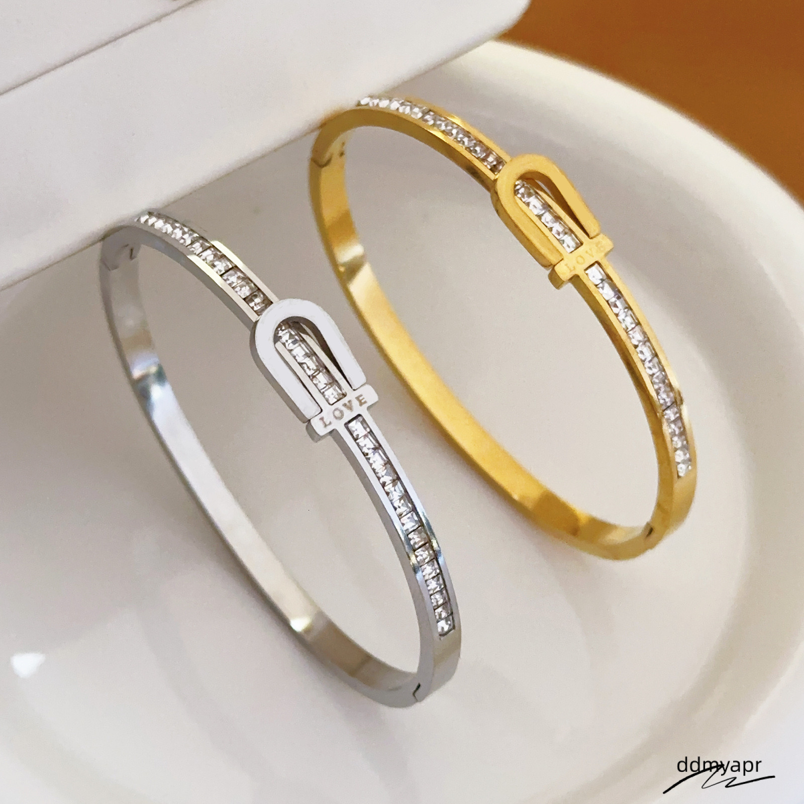 Shiny Rhinestone Inlay Bangle Glitter Steel U Shape ddmyday Clasp Bracelet Classic Women's Open Bracelet250711 ddmyday ddmyday ddmyday ddmyday