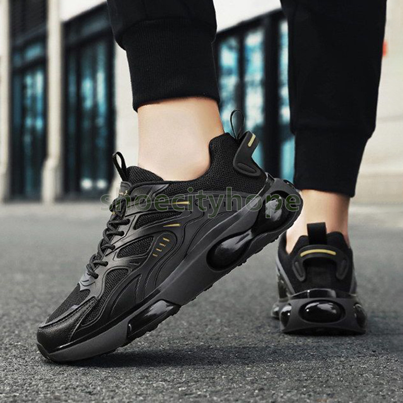 Black trend mens trainers Versatile running shoes Comfortable Durable Thick-sole cushioning Mesh breathable sneakers Size 39-44