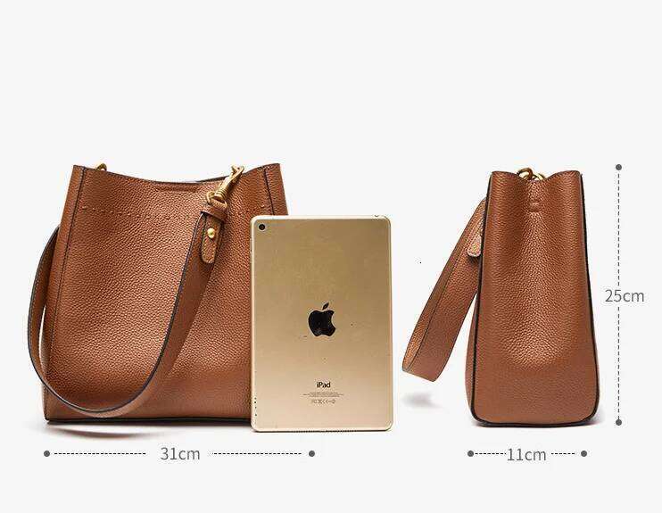 2025 Spring/Summer New Top Layer Cowhide Vintage Leather Women's Bag, Large-Capacity Bucket Versatile Shoulder Crossbody Bag