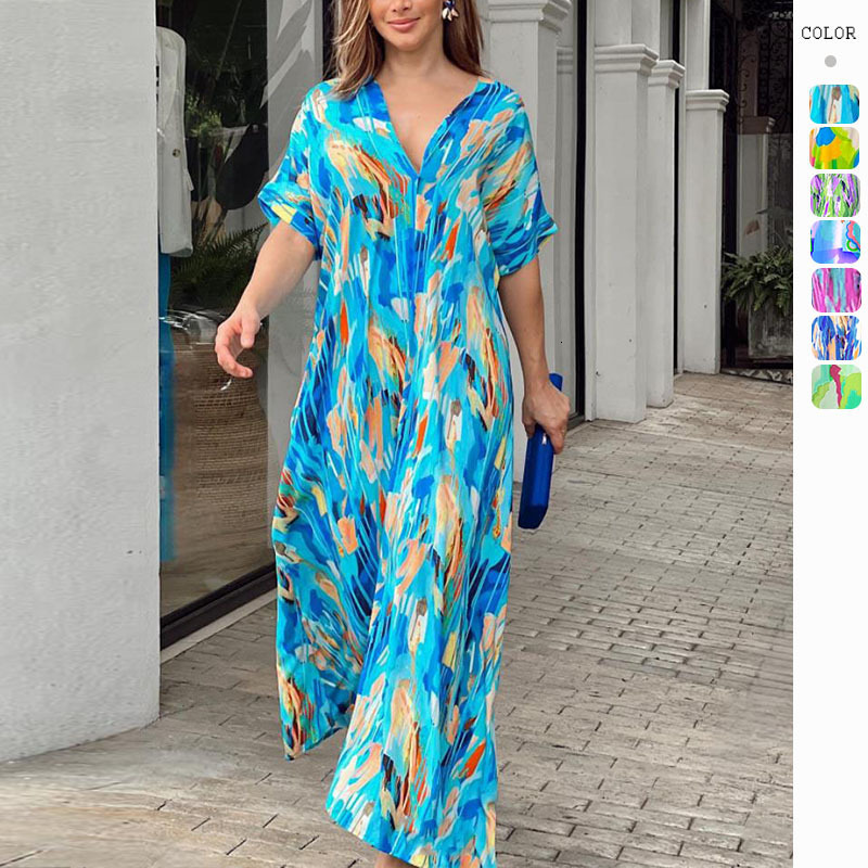 2023 Summer New HighWaisted Fashion Printed Commuter Elegant ShortSleeve Long Dress for Women