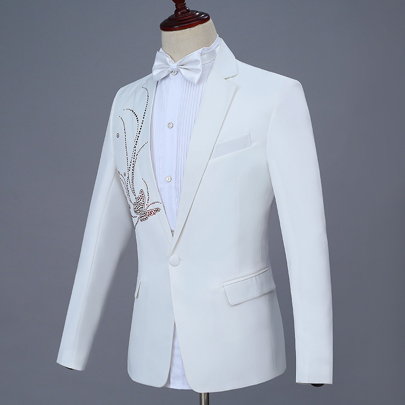 Minimalist White Wedding Tuxedo 2 Piece Blazer Pants Handmade Rhinestone Male Suits Singer Costume Stage Performance