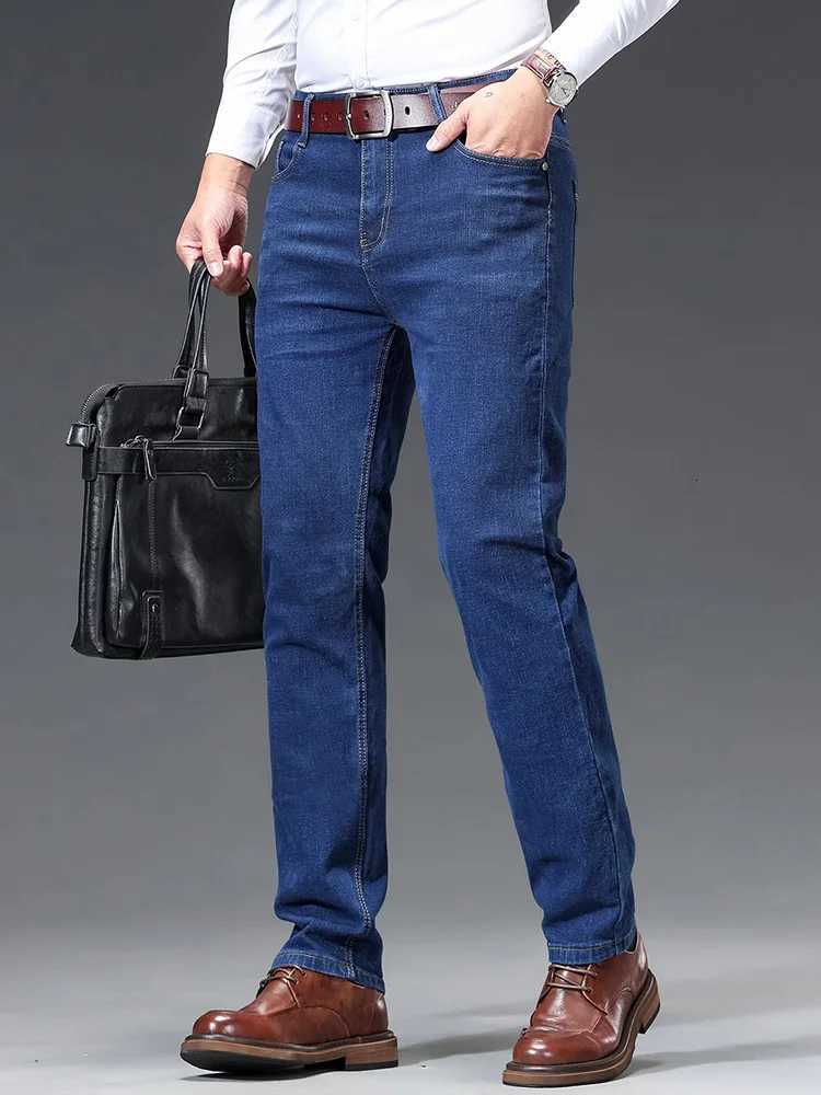Classic Mens Jeans New Embroidery Office Straight Denim Pants Male Stretch Spring Autumn Business Casual Trousers Blue Black W250905