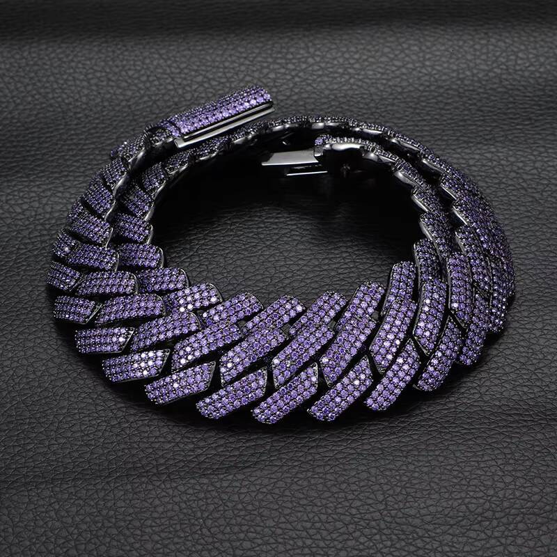 Big Heavy 20mm Double Row 5A Moissanite Purple Color Stone Necklace Hip Hop Cuban Link Prong Chain