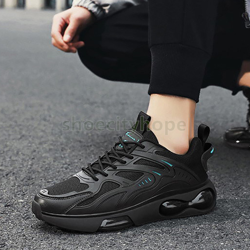 Black trend mens trainers Versatile running shoes Comfortable Durable Thick-sole cushioning Mesh breathable sneakers Size 39-44