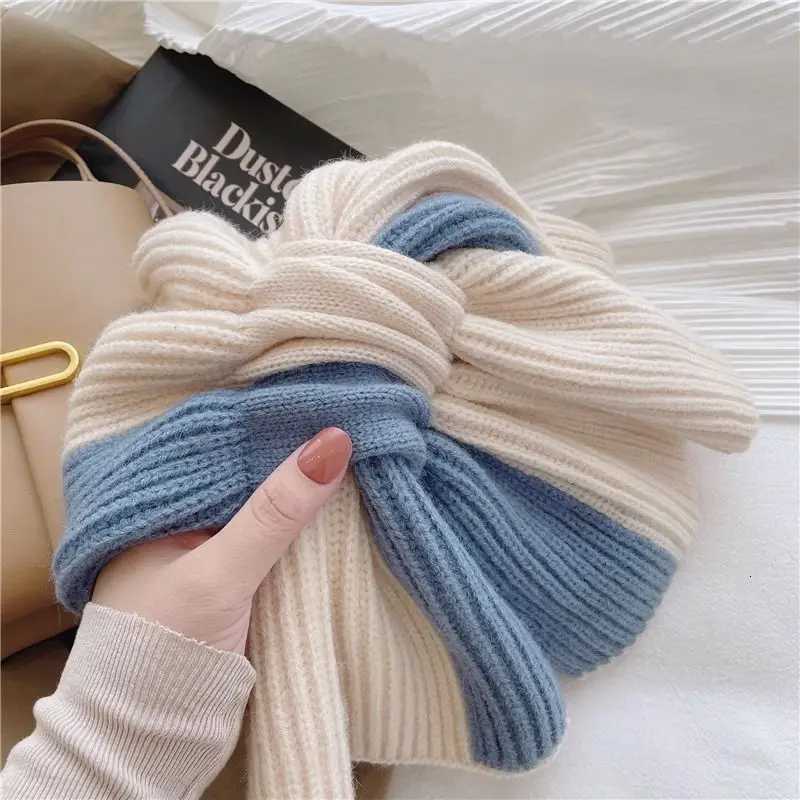 Korean Style Fashion Knitted Scarf for Women Girls Autumn Winter Soft Cross Patchwork Colors Scarves La Warm Neck ProtectionXJ250905
