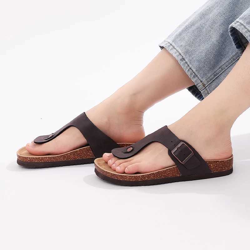 Evshine Open Toe Beach Slippers With Adjustable Buckle Women Flats Leather Cork Footbed Flip Flops New Cork Sandals For Women W250905