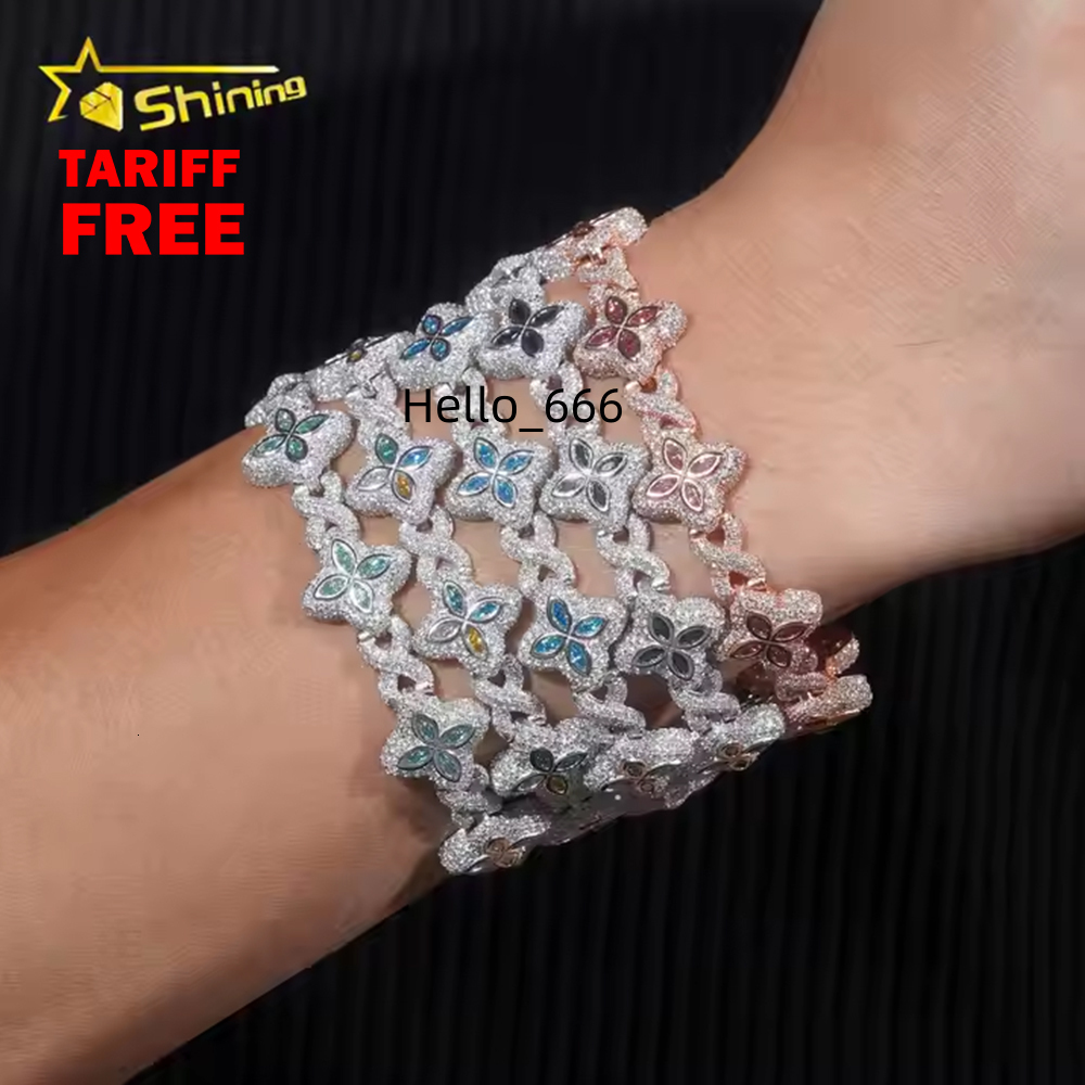 New Design Iced Out Colors Moissanite Cuban Link Chain Sterling Silver 925 Moissanite 15mm Bracelets Hip Hop Mens Jewelry