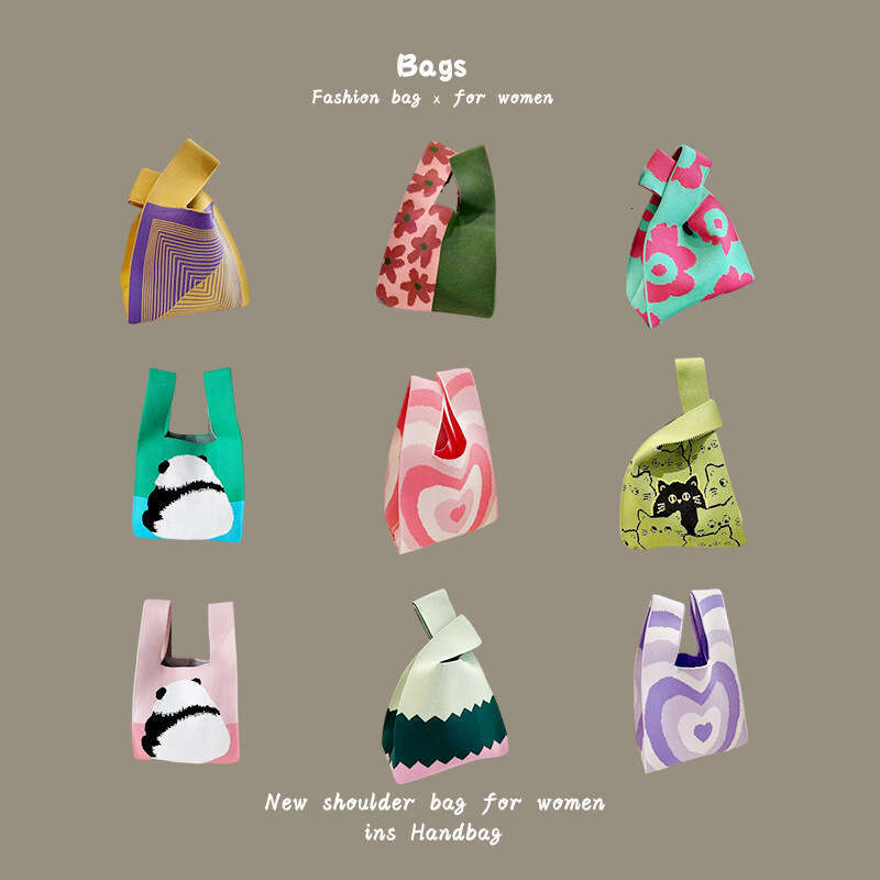 New INS Internet Celebrity Trendy Handbag for Women Knitted Wool Bucket Handheld Casual Tote Lunch Bag