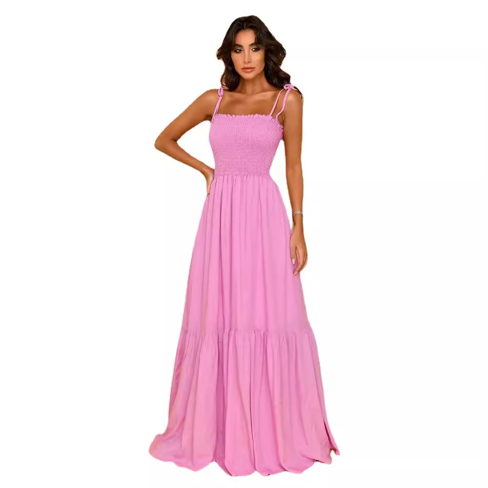 2023 Solid Color High Waist Slimming Elegant Strap Flared Long Dress Luxury