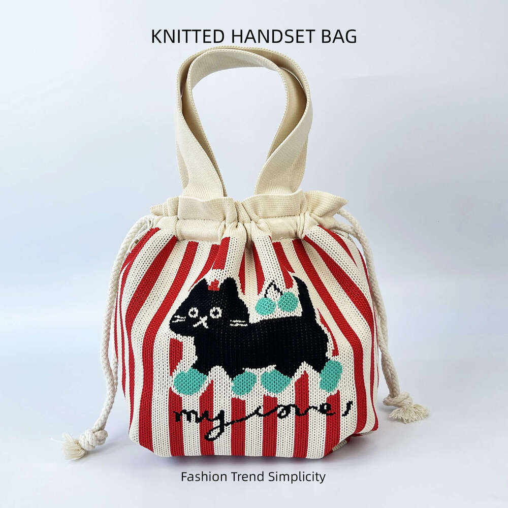 Knitted Bucket for Women with Cartoon Pattern, Cute Handbag, Casual Versatile Drawstring Tote, Underarm Bag, Lunch Bag
