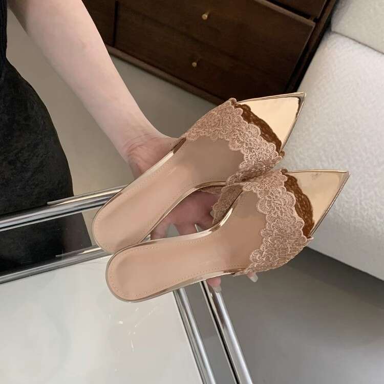 35-42 Plus Size Elegant Champagne Lace Embroidered Pointed High Heels Feminine Peep Stiletto Open Toe Slip-On Sandals