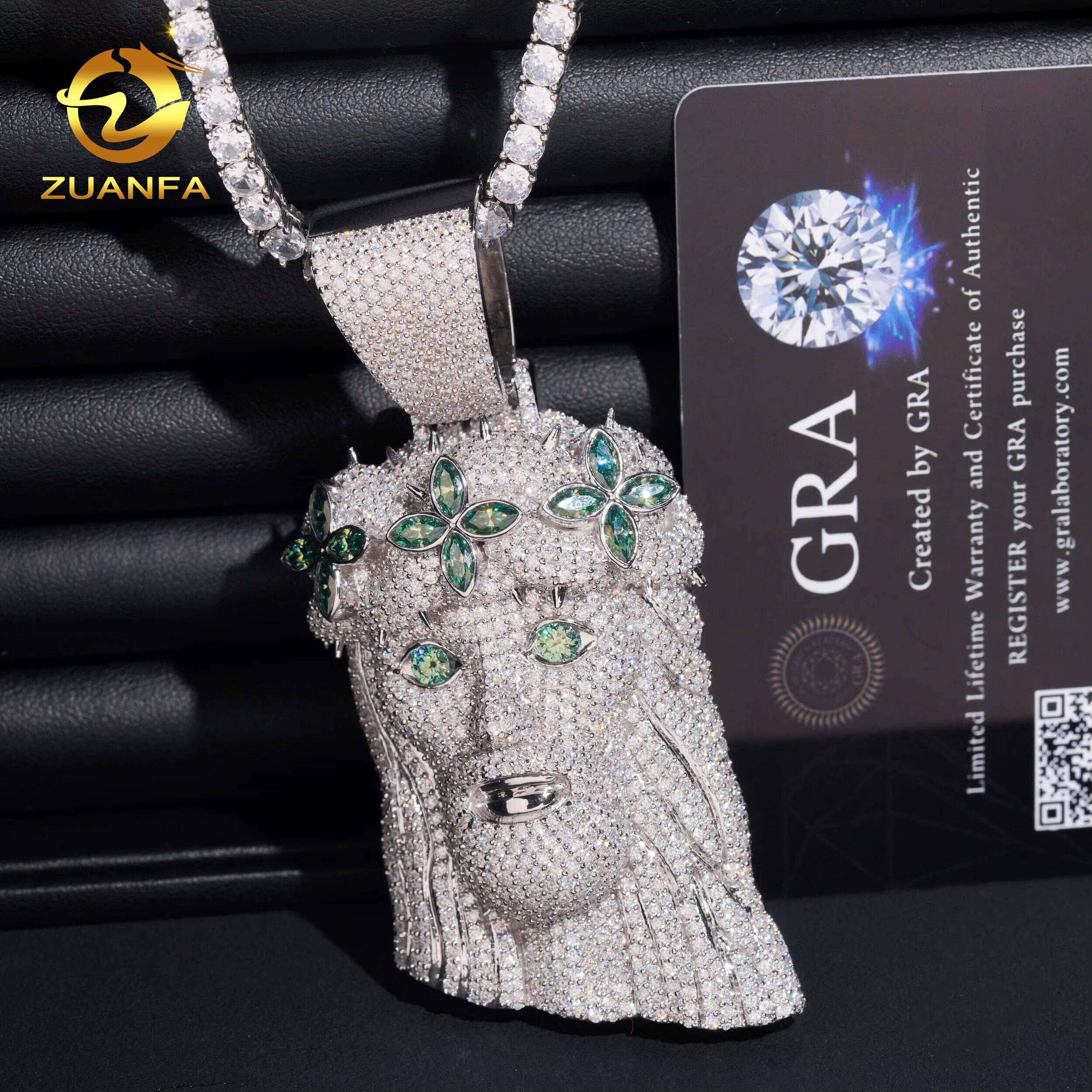 Fine Hip Hop Jewelry Iced Out Solid Back Blue Green Marquise VVS Moissanite Diamond Pendant 925 Silver Jewelry Jesus Pendant