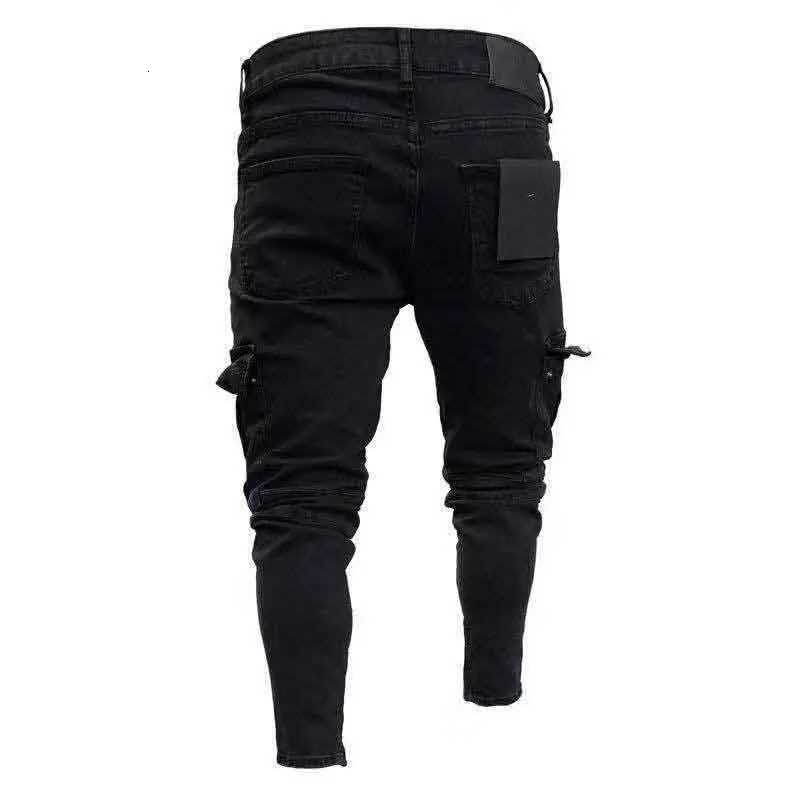 Mens Black Side Many Pockets Cargo Jeans Fashion Hole Zipper Small Foot Denim Pants Cotton Elastic Jogging Trousers Streetwear W250905