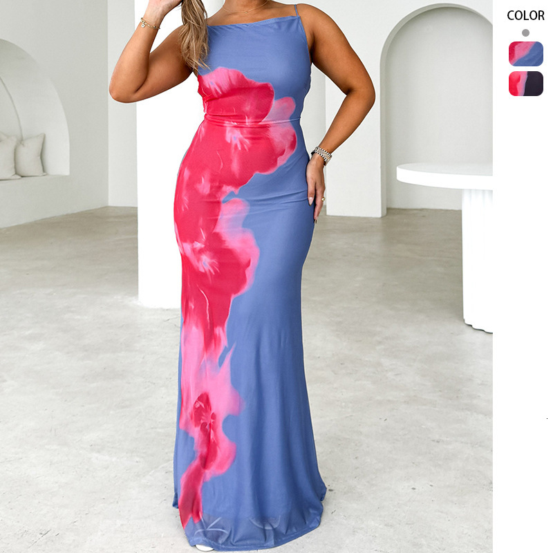 2025 Spring Summer New Womens Slim Fit Strap ColorBlock Floral Print Long Dress