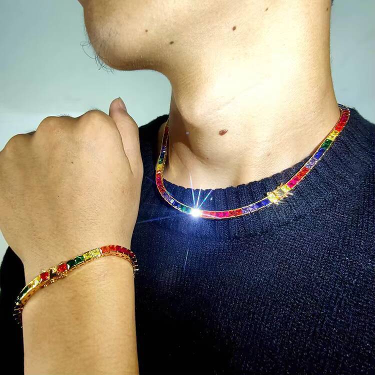 GZYS JEWELRY High Quality New Arrivals Design Multi Colorful Stone Moissanite Hip Hop Jewelry Tennis Chain