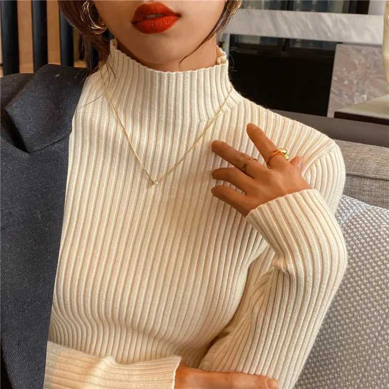 Women Long Sleeved Turtleneck Sweater Harajuku Pullover Women Knit Sweater Slim Elastic Korean Simple Basic Jumper Solid Tops Z250905