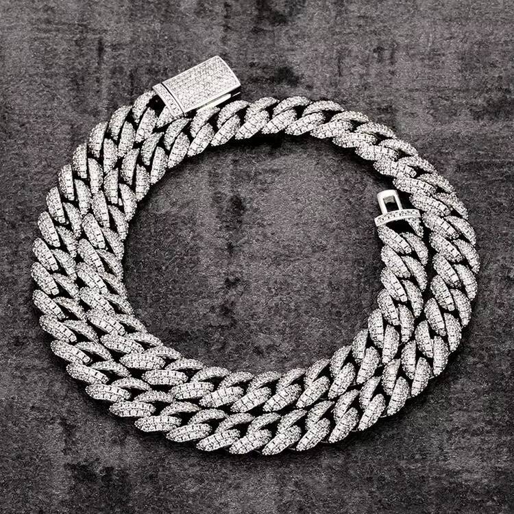 Wholesale Real Solid 925 Sterling Silver Ice Jewellery 10mm 3A Moissanite Cuban Link Chain Necklace Bulk