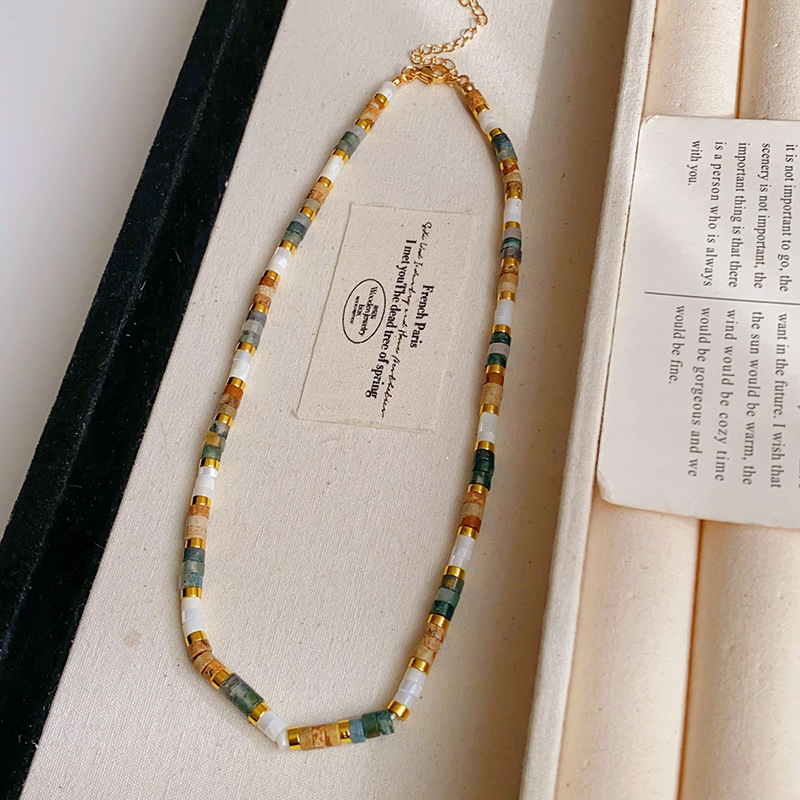 Gold Tone Beaded Choker Necklace With Multicolor Natural Stone & Shell Detail Boho Chic Style Daily & Vacation Wear Gift For Her Handmade-Like Jewelry