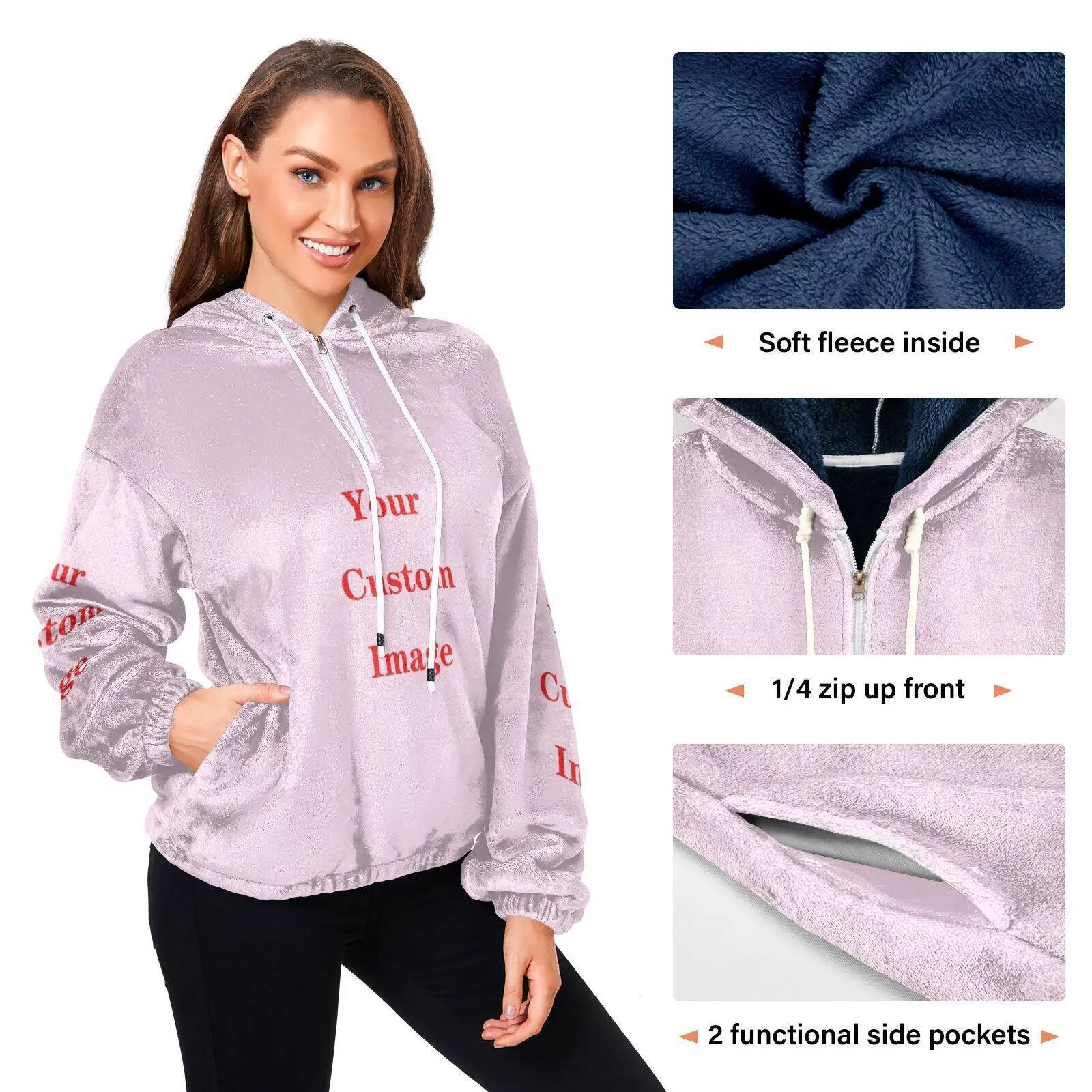 Winter Hoodies Long Sleeve Warm Coat Pullover Sweatshirt Plush Turtleneck Zipper Neck Women Fluffy Loose Hooded Outerwear Autumn