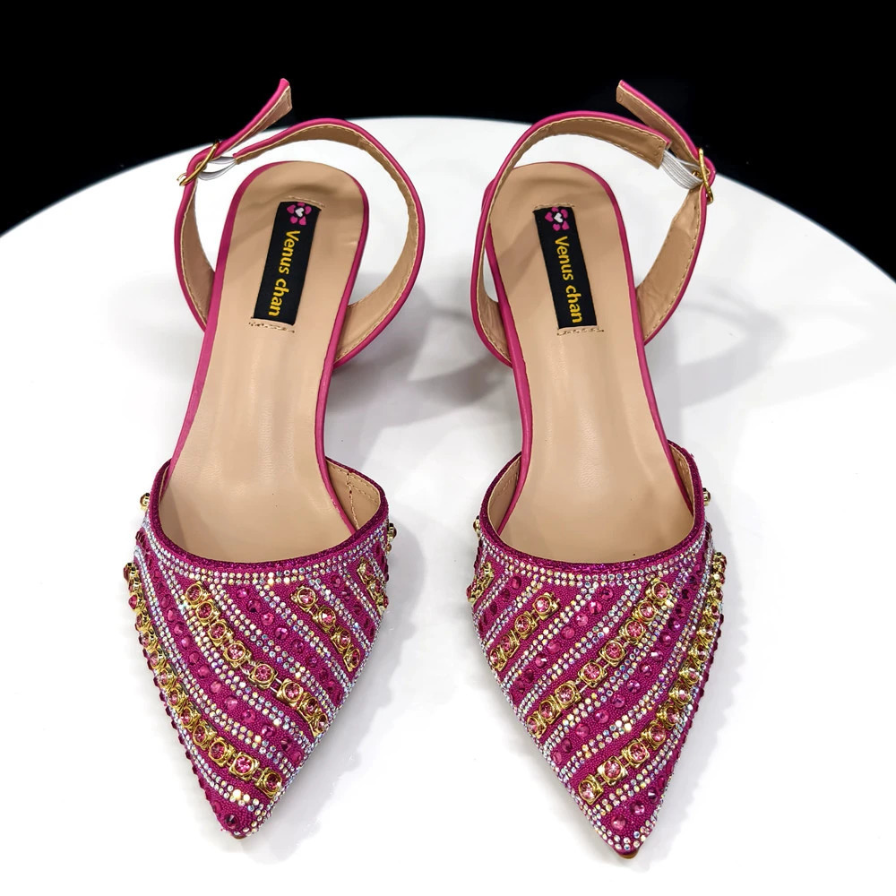 Shiny Italian Fashion Pointed Toe Women Heel Rhinestone Decoration Fuchsia Color Shoes And Bag Set 250905