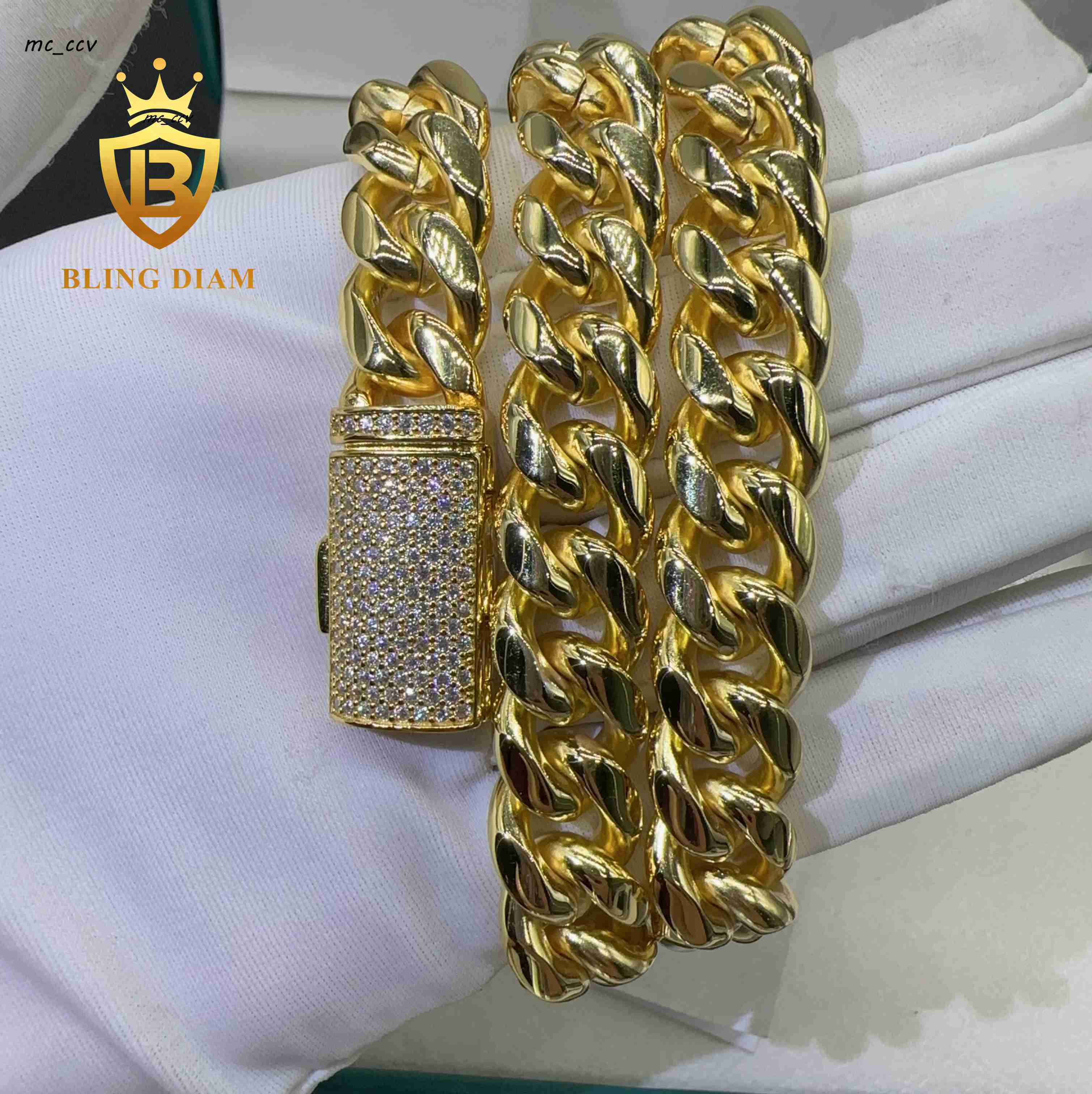 Fashion Hip Hop Chain 12mm Stainless Cuban Chain with 925 Sterling Silver Moissanite Clasp Miami Chain Necklace
