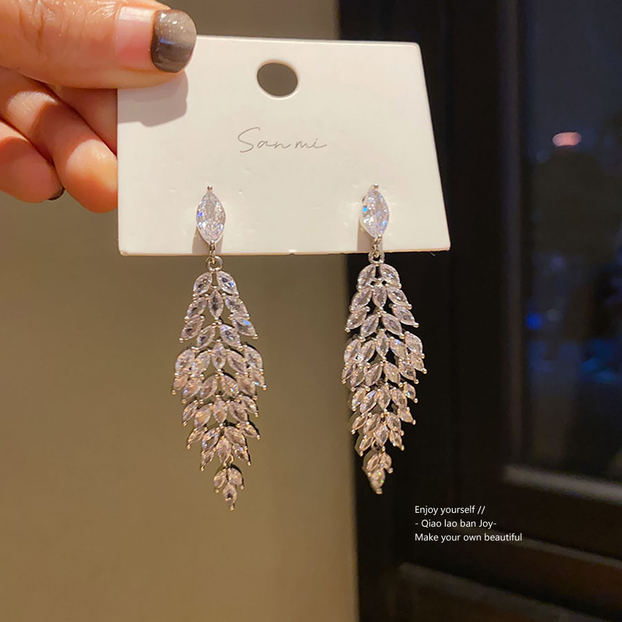 Silver Tone Leaf-Shaped Crystal Tassel Earrings With Layered Dangle Design Elegant Sparkling Style Party & Wedding Occasion Wear Gift For Her Luxe Sta