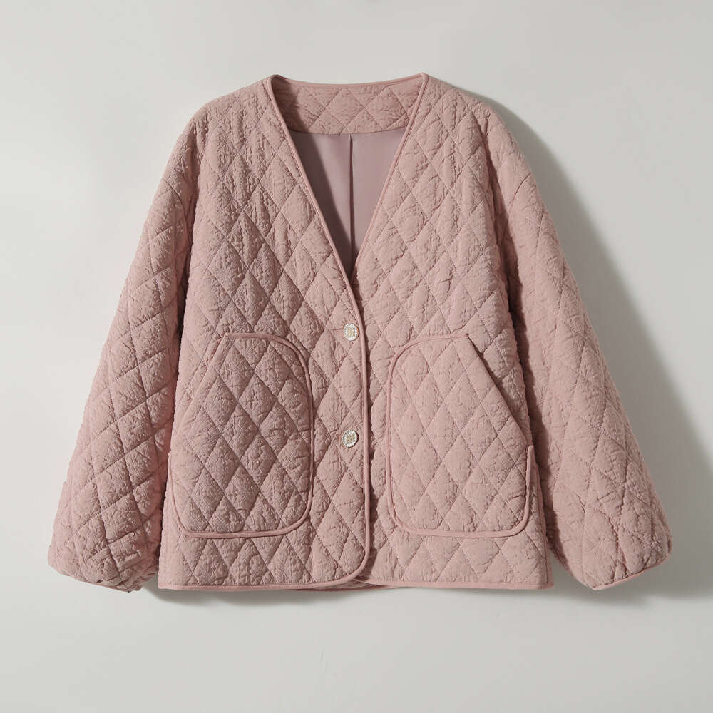 Design Sense Rhombus Lightweight Jacket Autumn Winter Cotton Short Coat Black Women's Clothing B5