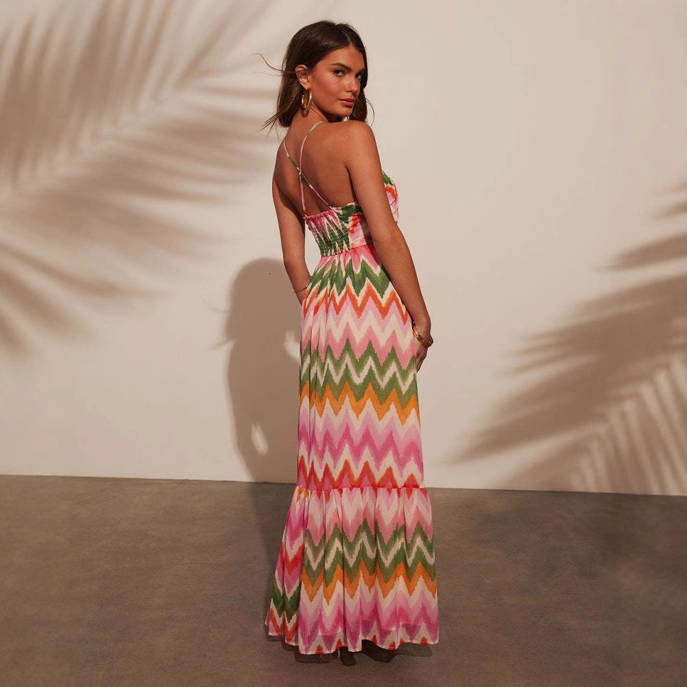 2025 SpringSummer Hot New Patchwork Color Sexy Strap Dress with Flared Skirt for Women