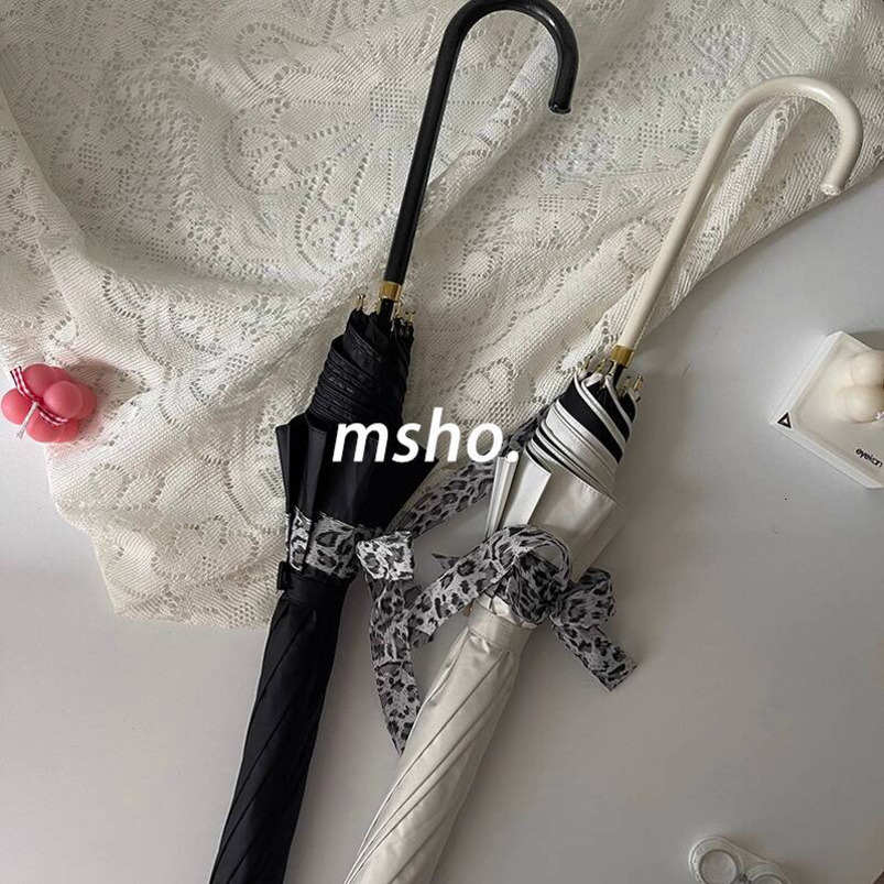msho Leopard Print Bow Long Handle Women, Dual-use for and Rain, High Aesthetic Black Coating, Sun UV Protection, Sunshade Umbrella