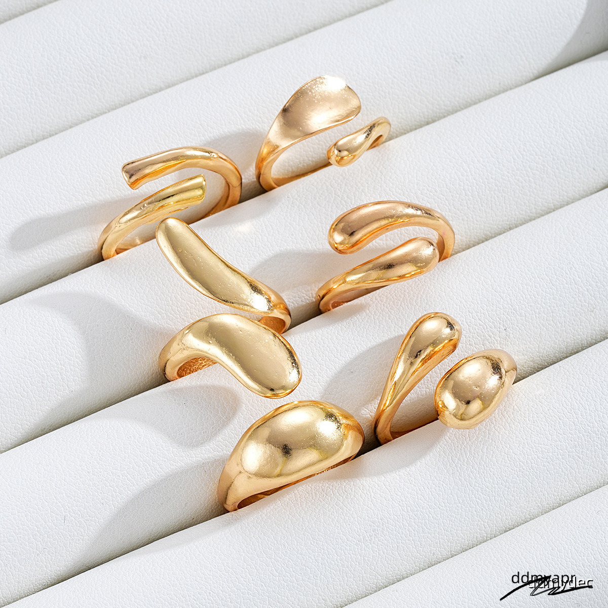 Explosive Irregular Droplet Niche Metal Texture Smooth Exaggerated Geometric Opening Ring, 6-Piece ddmydec Set ddmydec