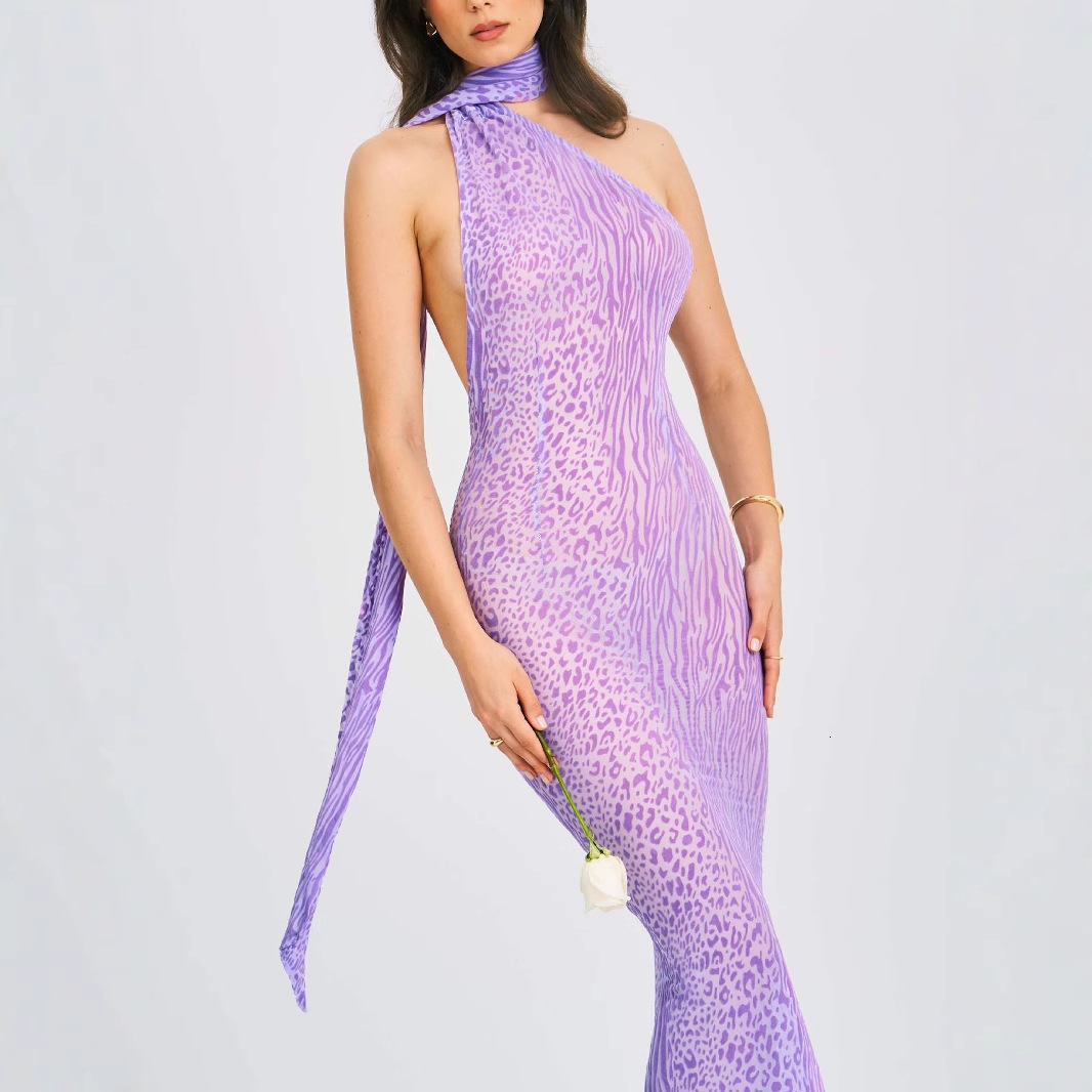 25 Strap Backless Sexy Halter High Waist Sheer Mesh Asymmetrical Shoulder Slim Dress