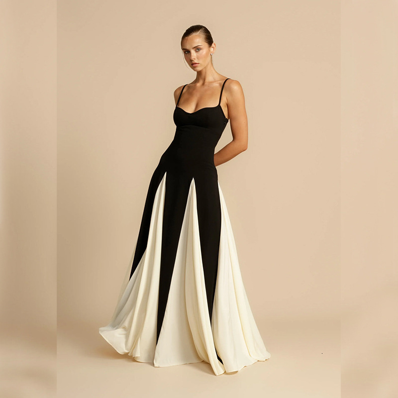 2025 Summer American Style Womens New Elegant Sexy Backless Strap Slim Fit Color Block Dress