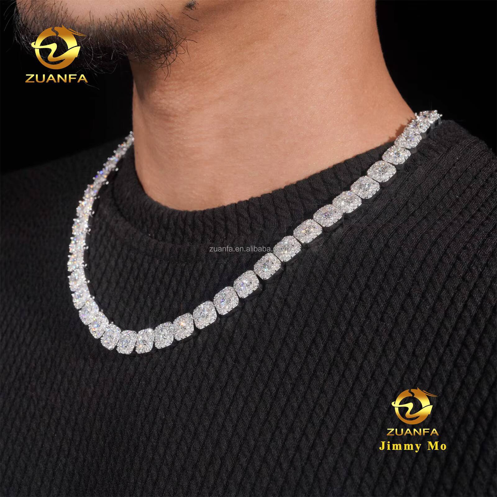 New Arrivals 10mm Hip Hop Style Luxury Jewelry Iced Out 925 Solid Silver Rhodium Plated VVS1 Moissanite Cluster Tennis Chain Men