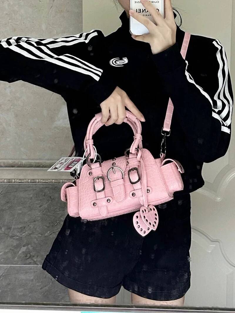 JIAERDI Vintage Pink Messenger Women Y2k Grunge Rivet Handle Crocodile Designer Female Fairycore Aesthetic Bag