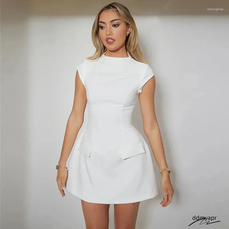 Casual Dresses Women Elegant Slim Solid Pockets Mini Dress Fashion O-Neck Short Sleeve A-Line ddmyday 2024 Office Lady Chic Commuting Robes