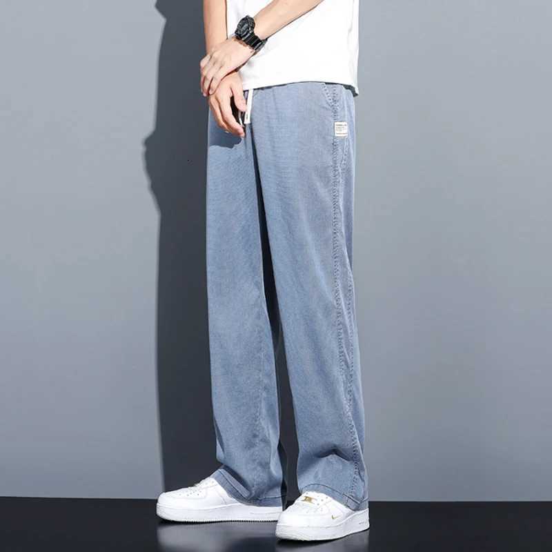 Summer soft Lyocell fabric mens jeans loose straight leg pants drawstring elastic waist Korean casual pants plus size M5XL W250905