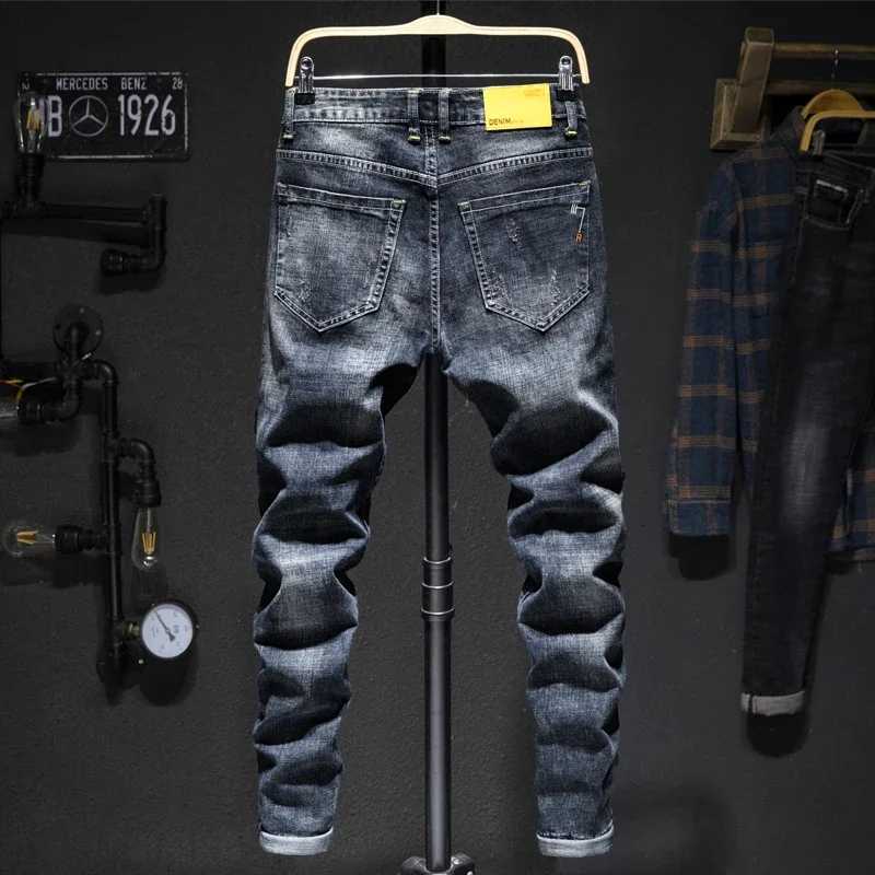 Mens Ripped Jeans Streetwear Personality Trendy Korean Fashion Slim Beggar Holes Denim Pants Stretch Casual Male Trousers W250905