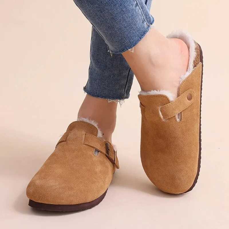 Fur Boston Clogs For Women Winter Fashion Cork Insole Warm Plush Slippers Shoes With Arch Support Cozy Home Furry Suede Mules W250905