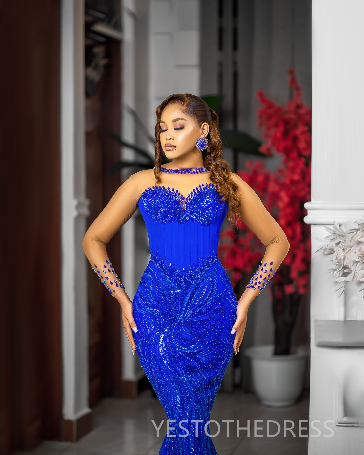 Aso Ebi Royal Blue Prom Dress 2025 Evening Dresses Elegant Dresses For Special Occasions Illusion Bead Lace Sheer Neck Birthday Dress Second Reception