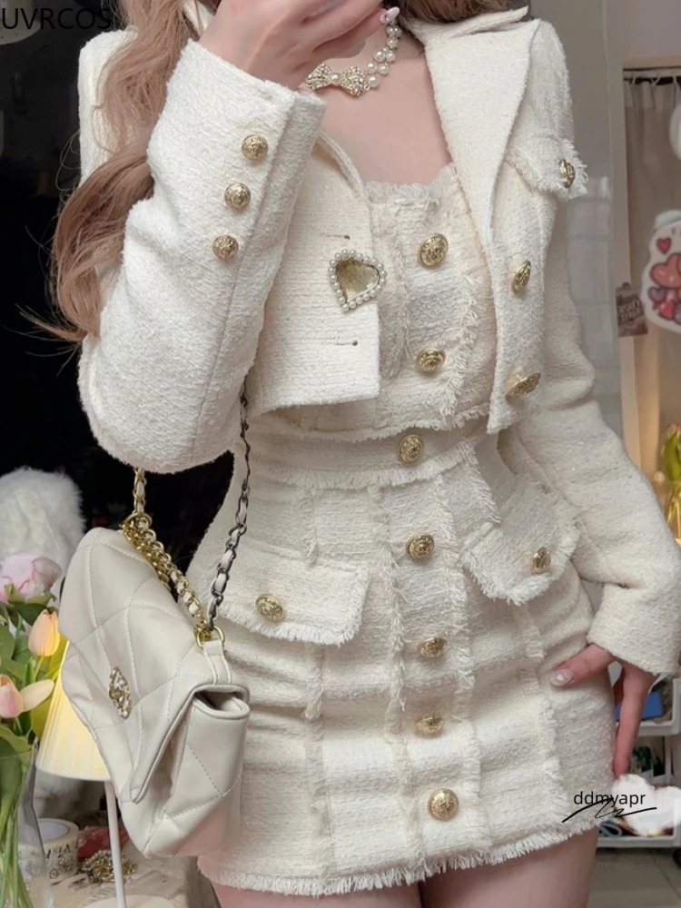 Korean ddmydec Style Elegant Retro Twopiece Set Womens Sweet Wool Short Jacket With Tassel N Mini Dress Fashion 250314 ddmydec ddmydec ddmydec ddmydec