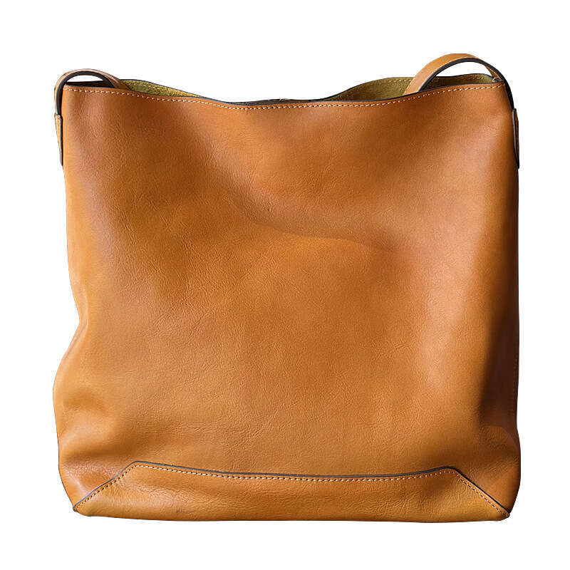 Korean Style Bucket Genuine Leather Women's Vegetable Tanned Tote Large Capacity Cowhide Shopping Single Shoulder Crossbody Bag