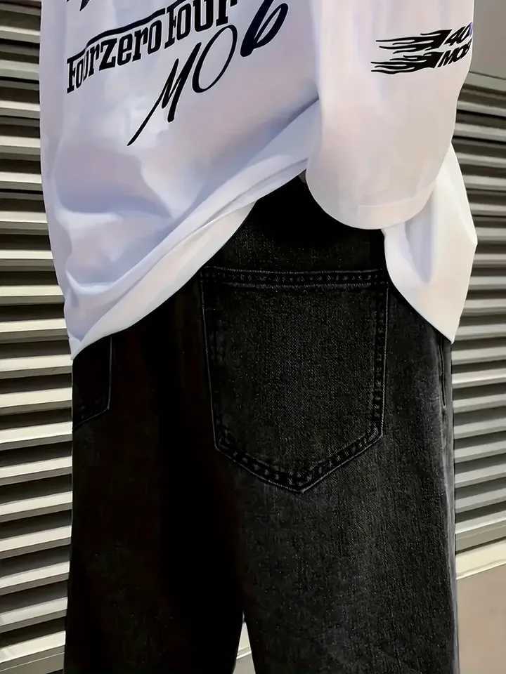 Mens Loose Fit Straight Leg Jeans 65 Cotton 35 Polyester Blend Dark Gray Casual Washed Jeans 390gsm Heavyweight Fabric A W250905