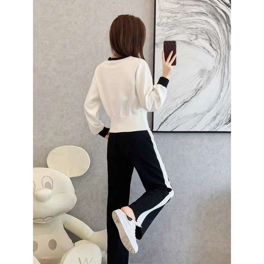 Women's Knitted Sets Tracksuit Pants Suits Autumn New Long Sleeve Flower Pullover Sweater + Wide Leg Pants Casual Two-piece Sets
